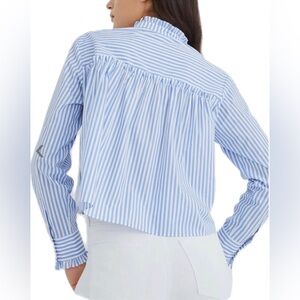 NWT Veronica Beard Blue and White Striped Ruffle-Neck Blouse